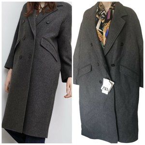 New ZARA Italian Manteco Fabric Wool Blend Double-Breasted Coat jacket sz L